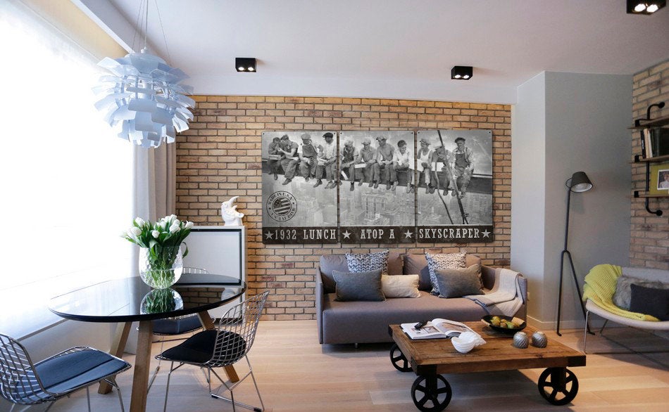 Lunch Atop A Skyscraper, Wall Art and Home Decor, Triptych Metal Sign, Americana