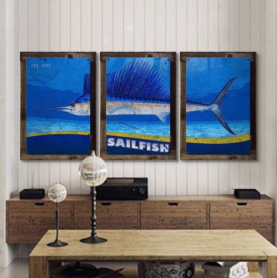 Sailfish Wall Art, Metal Triptych, Optional Rustic Wood Frame, Sport Fishing, Wall Art, Ocean, Nautical, Contemporary Art