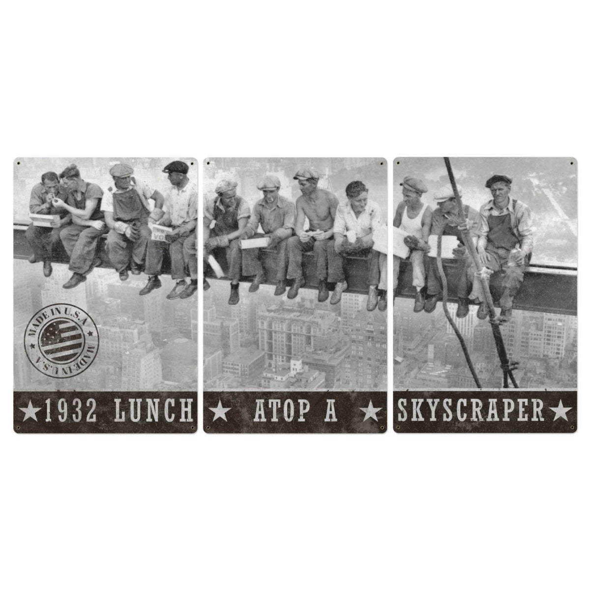 Lunch Atop A Skyscraper, Wall Art and Home Decor, Triptych Metal Sign, Americana