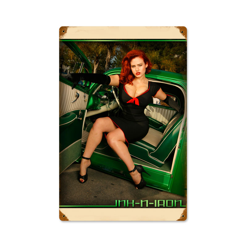 Green Car Pinup, Automotive, Vintage Metal Sign, 12 X 18 Inches