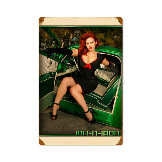 Green Car Pinup, Automotive, Vintage Metal Sign, 12 X 18 Inches