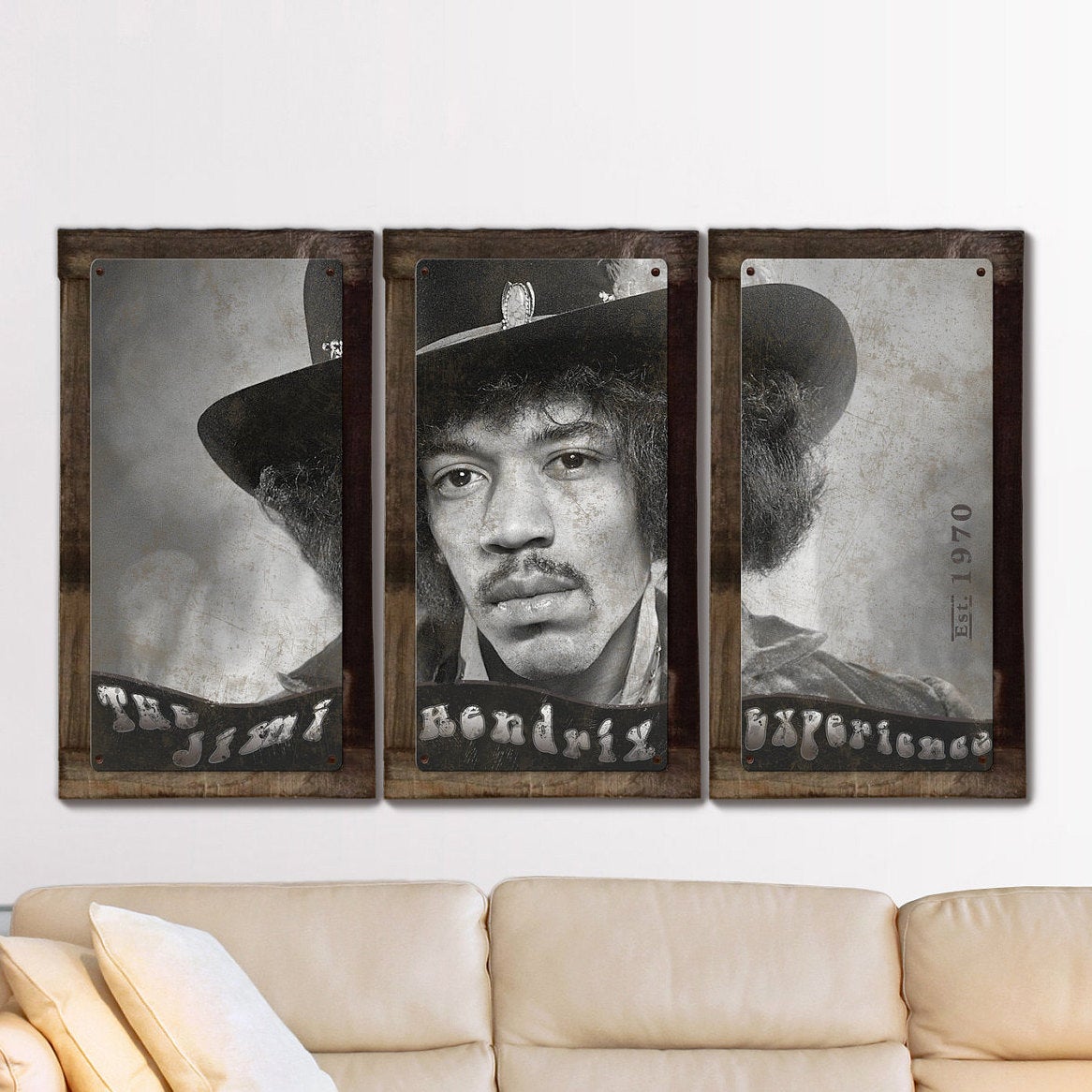 Jimi Hendrix, The Experience, METAL Sign, Triptych, 3 Panel, On American Steel, Optional Barn Wood Frame, Wall Decor, Wall Art, 54"x36"