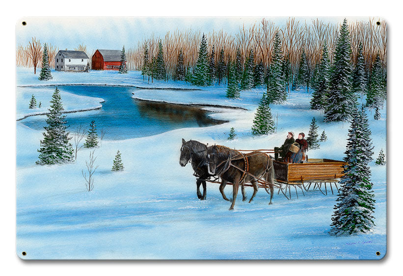 Sleigh Near A Barn, Featured Artists/Kevin Daniel Art, SATIN METAL SIGN , 18 X 12 Inches