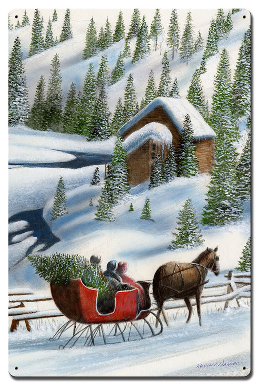 Sleigh By Pine Trees, Featured Artists/Kevin Daniel Art, Satin, 16 X 24 Inches