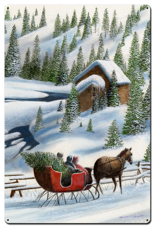 Sleigh By Pine Trees, Featured Artists/Kevin Daniel Art, Satin, 24 X 36 Inches