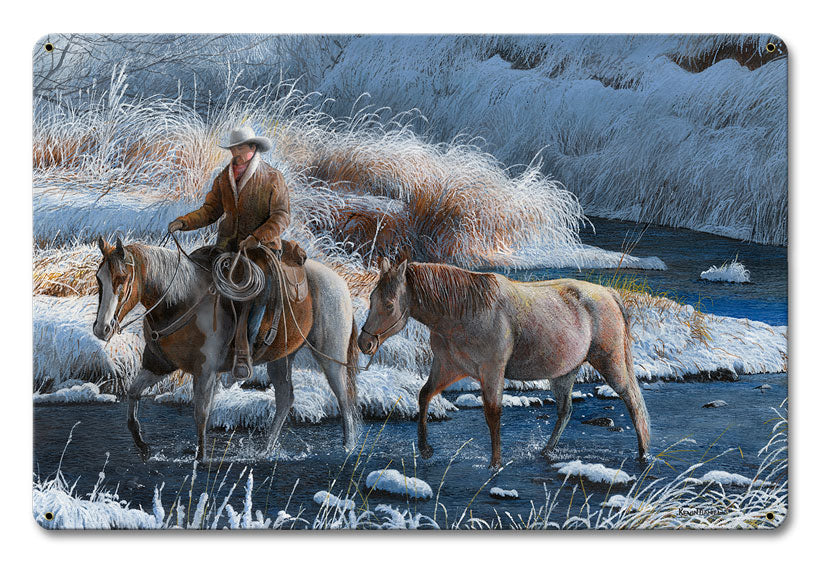 Cowboy Heading Home In Winter, Featured Artists/Kevin Daniel Art, Satin, 18 X 12 Inches