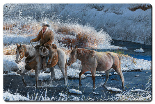 Cowboy Heading Home In Winter, Featured Artists/Kevin Daniel Art, Satin, 4 X 16 Inches