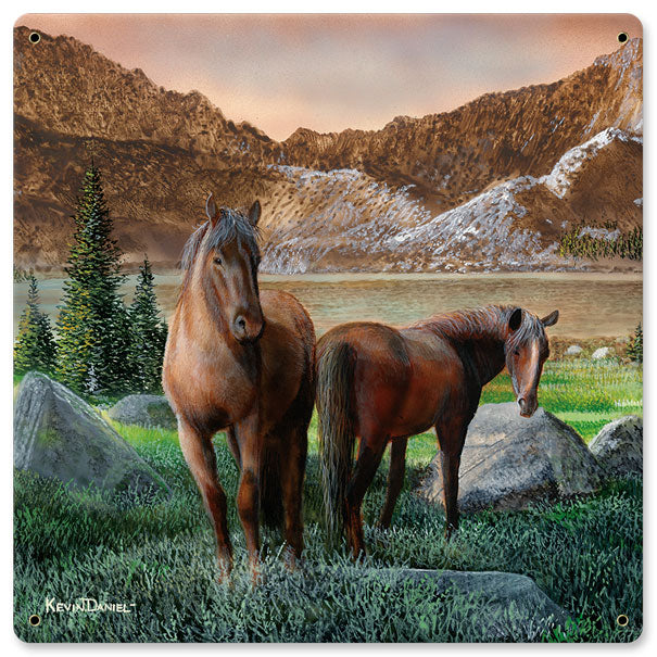 Horses Sunset Stream, Featured Artists/Kevin Daniel Art, Satin, 12 X 12 Inches