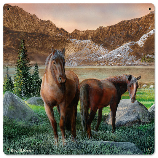 Horses Sunset Stream, Featured Artists/Kevin Daniel Art, Satin, 18 X 18 Inches