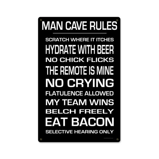 Man Cave Rules, Food and Drink, Metal Sign, 12 X 18 Inches