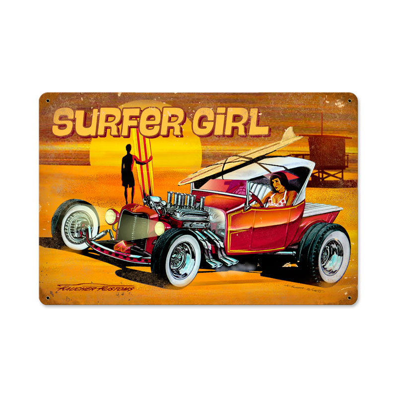 Surfer Girl, Automotive, Vintage Metal Sign, 18 X 12 Inches