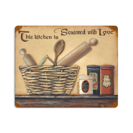 Seasoned with Love, Home and Garden, Vintage Metal Sign, 14 X 11 Inches