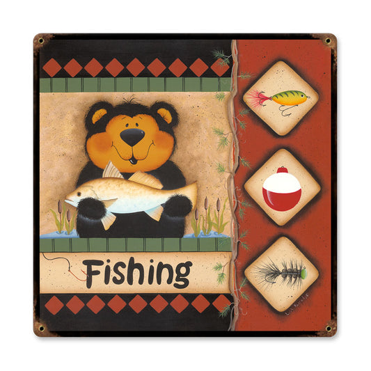 Fishing Bear, Home and Garden, Vintage Metal Sign, 18 X 18 Inches