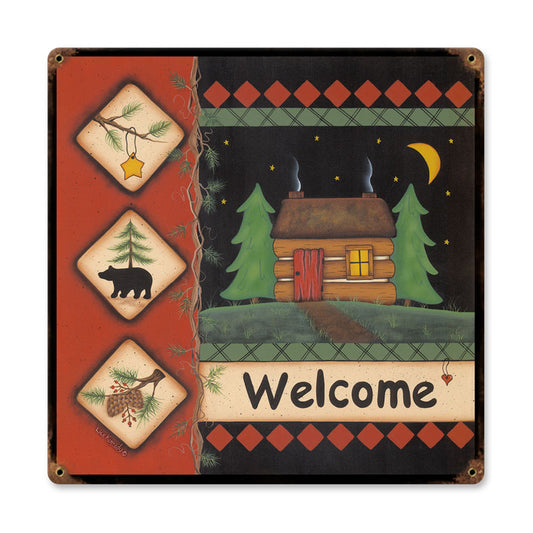 Welcome Cabin, Home and Garden, Vintage Metal Sign, 18 X 18 Inches