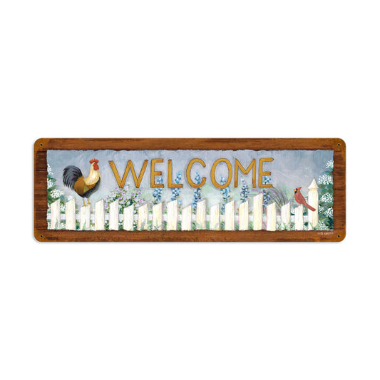 Welcome Rooster, Home and Garden, Vintage Metal Sign, 24 X 8 Inches