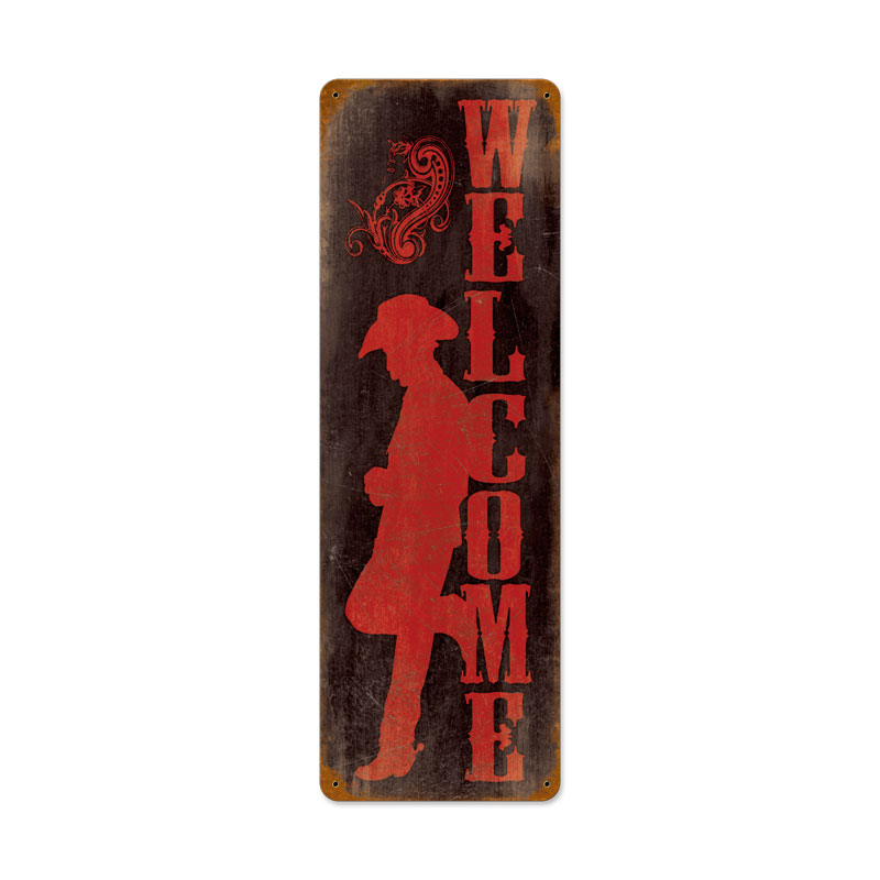 Welcome Cowboy, Home and Garden, Vintage Metal Sign, 8 X 24 Inches