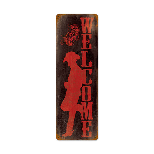 Welcome Cowboy, Home and Garden, Vintage Metal Sign, 8 X 24 Inches
