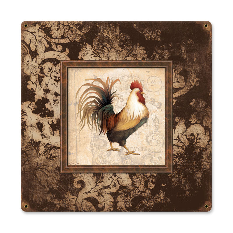 Rooster Frames, Home and Garden, Vintage Metal Sign, 18 X 18 Inches