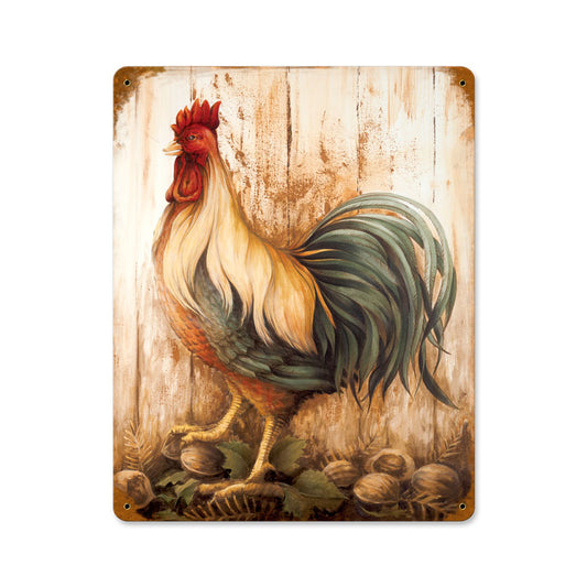 Rooster Barnwood, Home and Garden, Vintage Metal Sign, 11 X 14 Inches