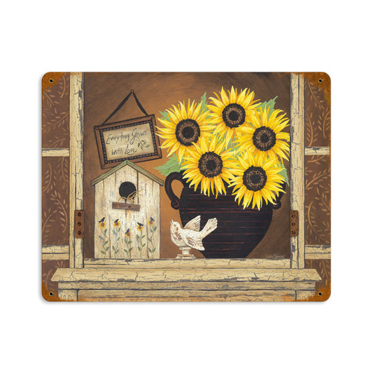 Grows with Love, Home and Garden, Vintage Metal Sign, 14 X 11 Inches