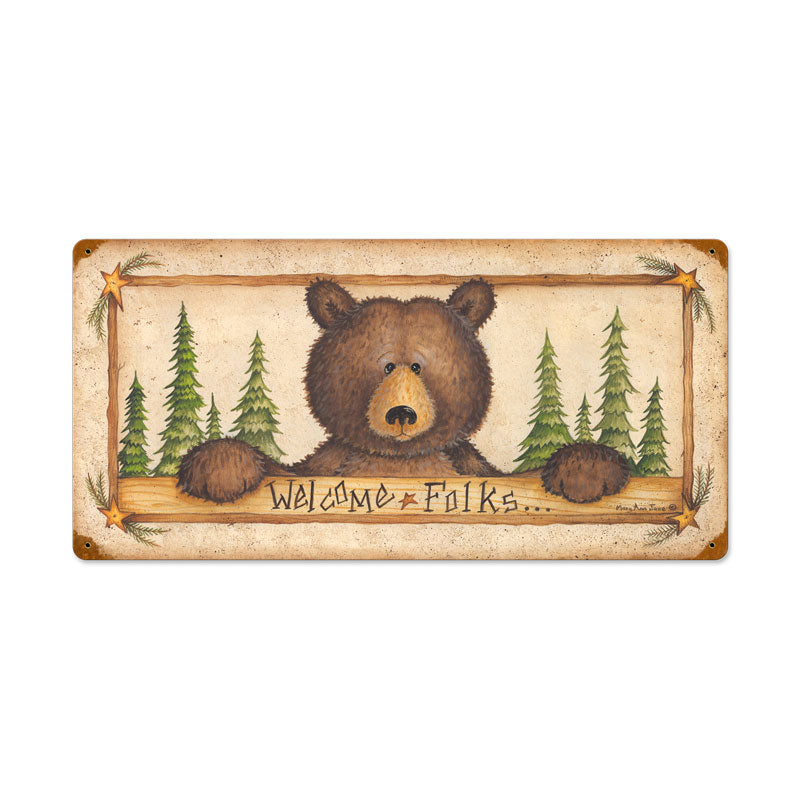 Welcome Folks, Home and Garden, Vintage Metal Sign, 24 X 8 Inches