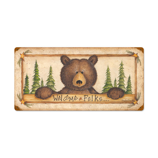 Welcome Folks, Home and Garden, Vintage Metal Sign, 24 X 8 Inches