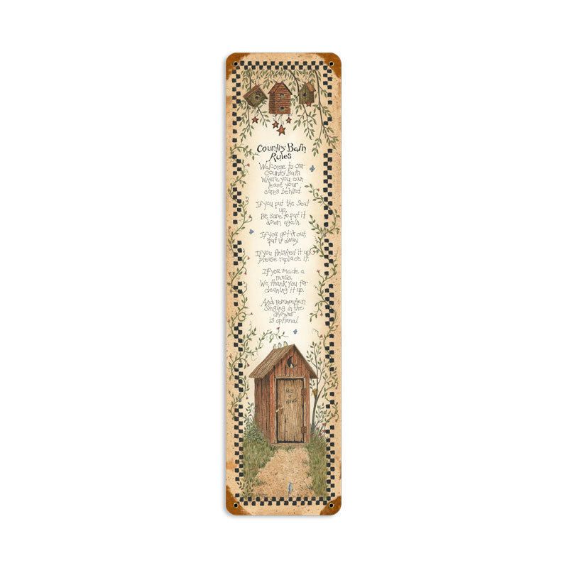Country Bath Rules, Home and Garden, Vintage Metal Sign, 5 X 20 Inches
