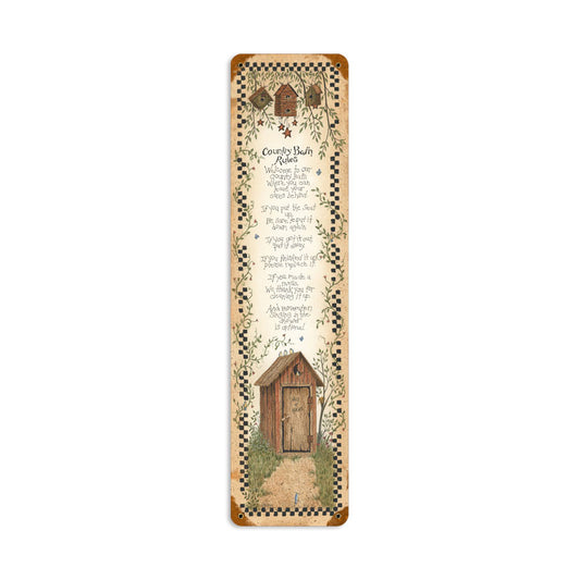 Country Bath Rules, Home and Garden, Vintage Metal Sign, 5 X 20 Inches