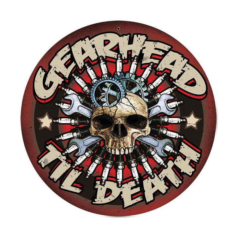 Gearhead, Automotive, Round Metal Sign, 14 X 14 Inches