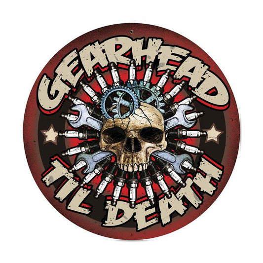 Gearhead, Automotive, Round Metal Sign, 14 X 14 Inches