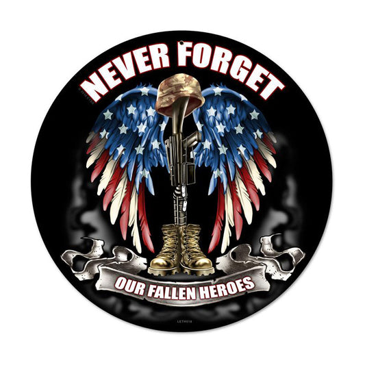 Never Forget, Allied Military, Round Metal Sign, 14 X 14 Inches