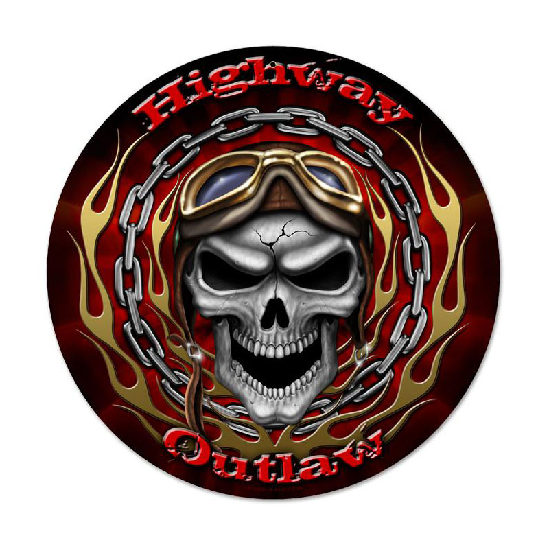 Highway Outlaw, Motorcycle, Round Metal Sign, 14 X 14 Inches