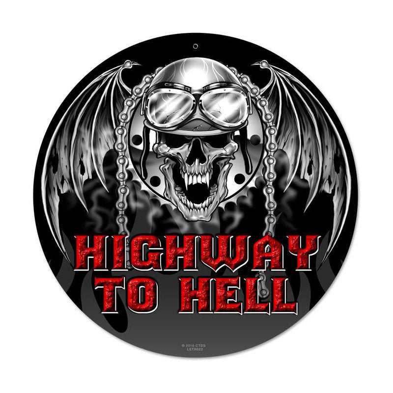 Highway to Hell, Motorcycle, Round Metal Sign, 14 X 14 Inches