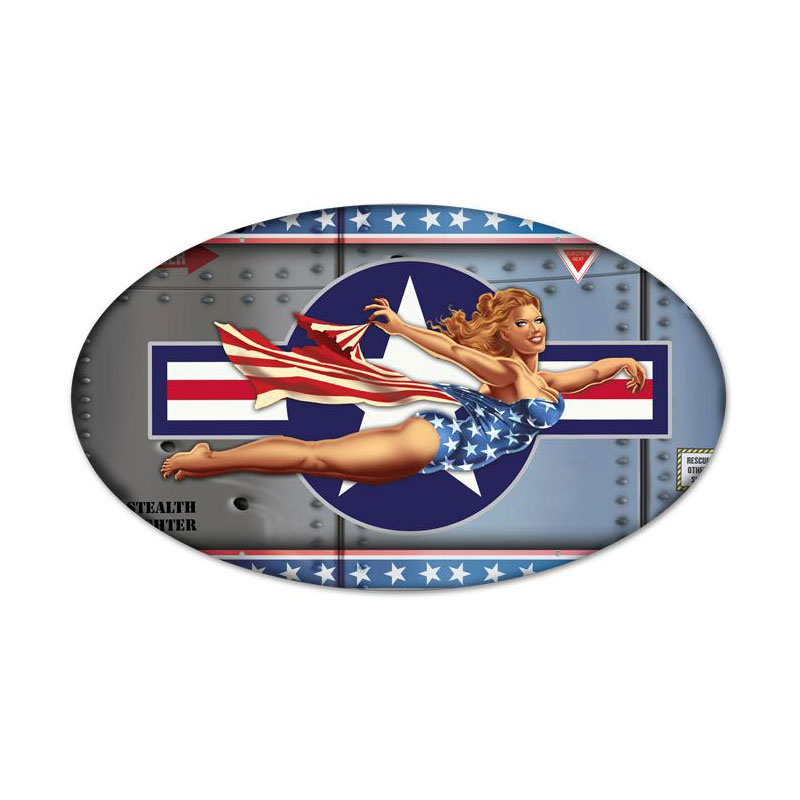 Plane Pinup, Pinup Girls, Oval Metal Sign, 24 X 14 Inches