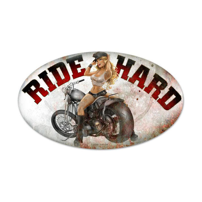 Ride Hard, Motorcycle, Oval Metal Sign, 24 X 14 Inches