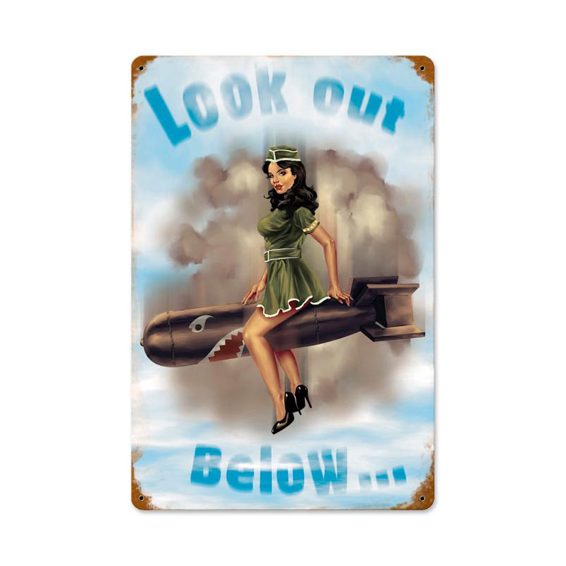 Look Out Below, Pinup Girls, Vintage Metal Sign, 18 X 12 Inches