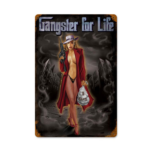 Gangster, Pinup Girls, Vintage Metal Sign, 12 X 18 Inches