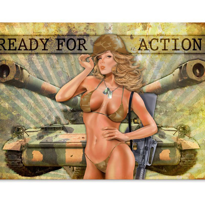 Ready for Action, Pinup Girls, Vintage Metal Sign, 18 X 12 Inches