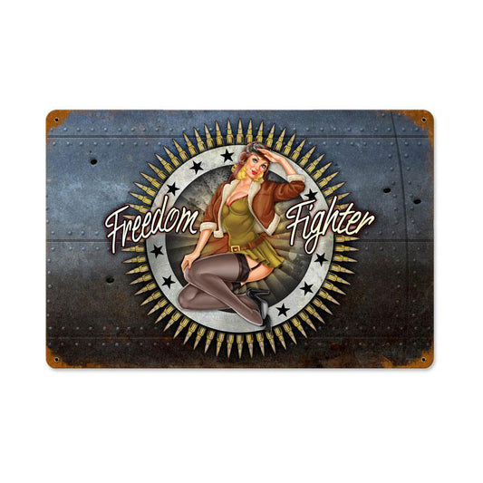 Freedom Fighter, Pinup Girls, Vintage Metal Sign, 18 X 12 Inches