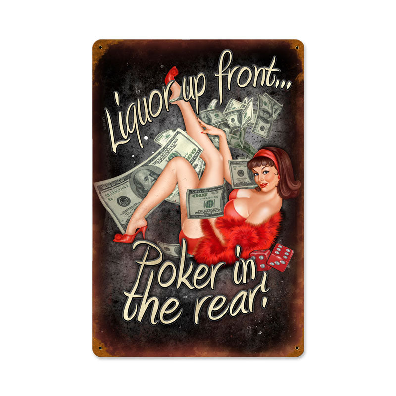Poker In The Rear, Pinup Girls, Vintage Metal Sign, 12 X 18 Inches