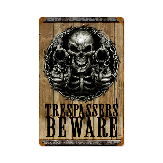 Trespassers Beware, Humor, Vintage Metal Sign, 12 X 18 Inches