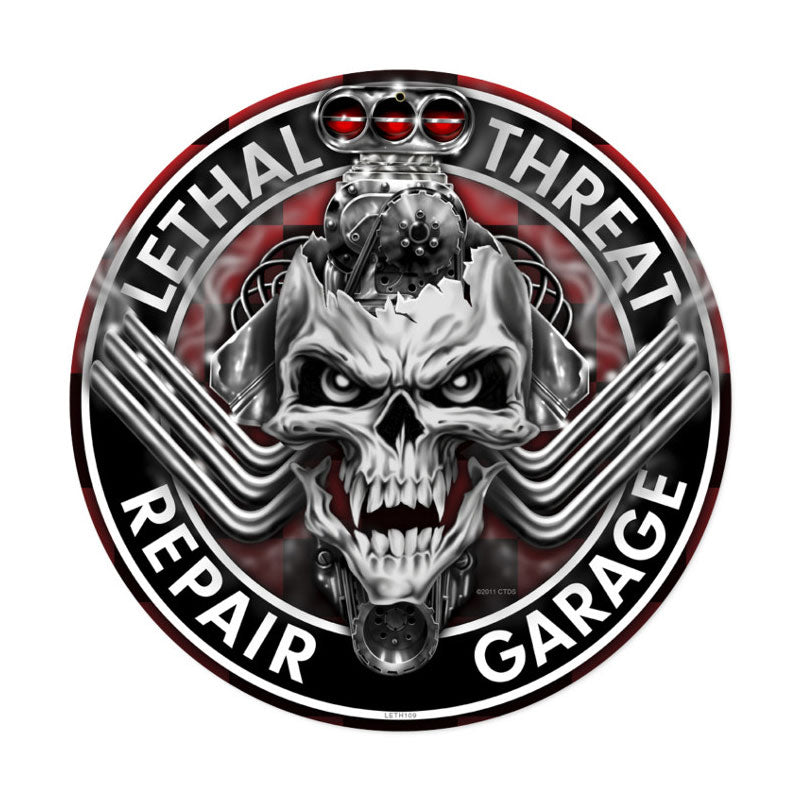 Engine Skull, Automotive, Round Metal Sign, 14 X 14 Inches