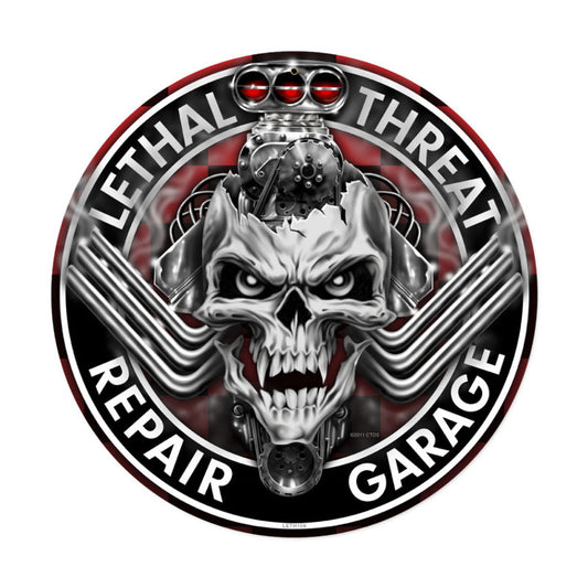 Engine Skull, Automotive, Round Metal Sign, 14 X 14 Inches