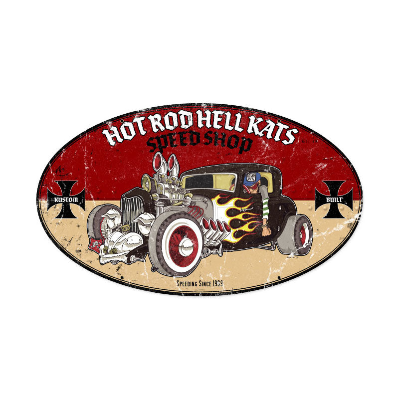 Hot Rod Hell Kats, Automotive, Oval Metal Sign, 24 X 14 Inches