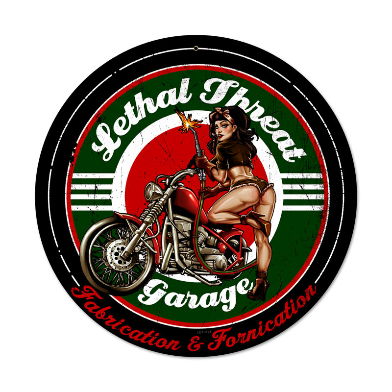 Fabrication Fornication, Pinup Girls, Round Metal Sign, 14 X 14 Inches