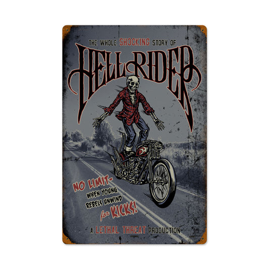Hell Rider, Motorcycle, Vintage Metal Sign, 16 X 24 Inches