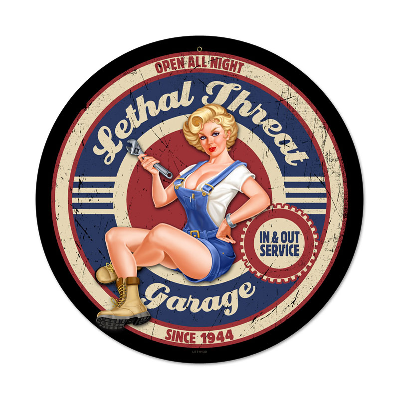 Lethal Garage, Pinup Girls, Round Metal Sign, 14 X 14 Inches