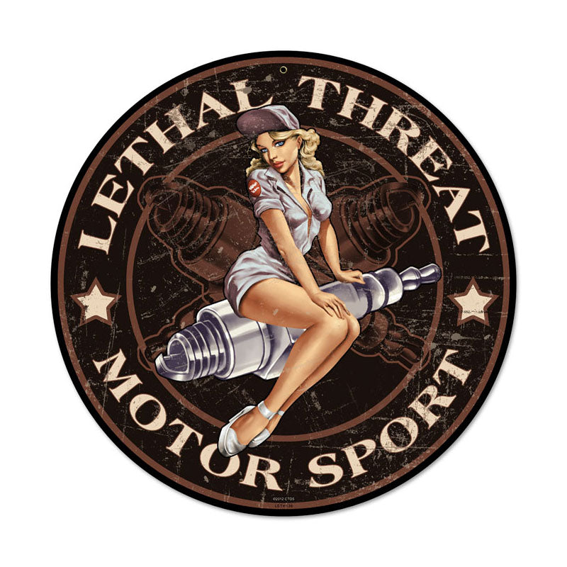 Spark Plug Pinup, Pinup Girls, Round Metal Sign, 14 X 14 Inches