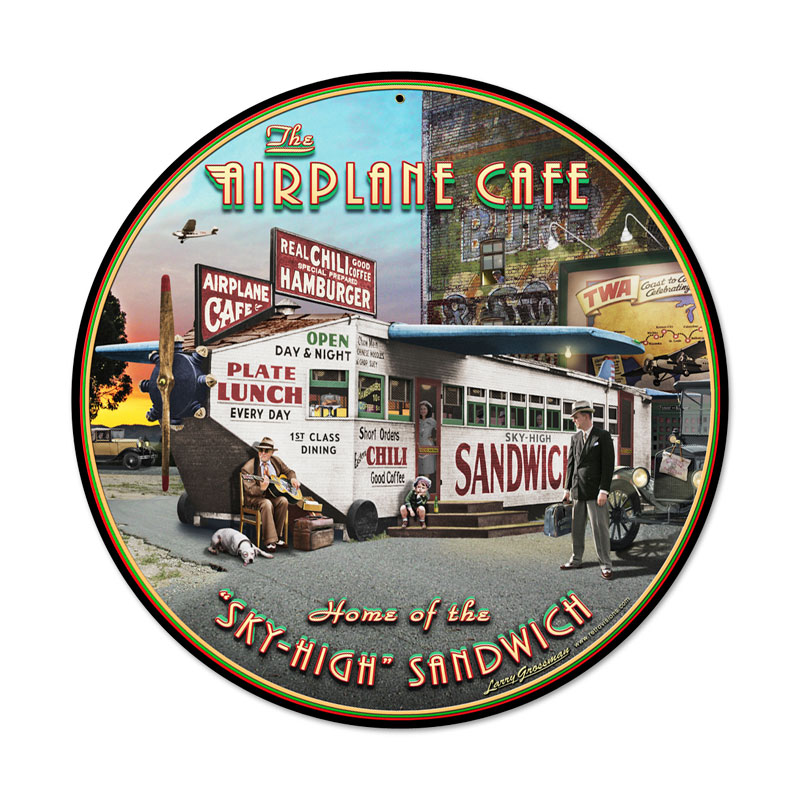 Airplane Cafe, Aviation, Round Metal Sign, 14 X 14 Inches