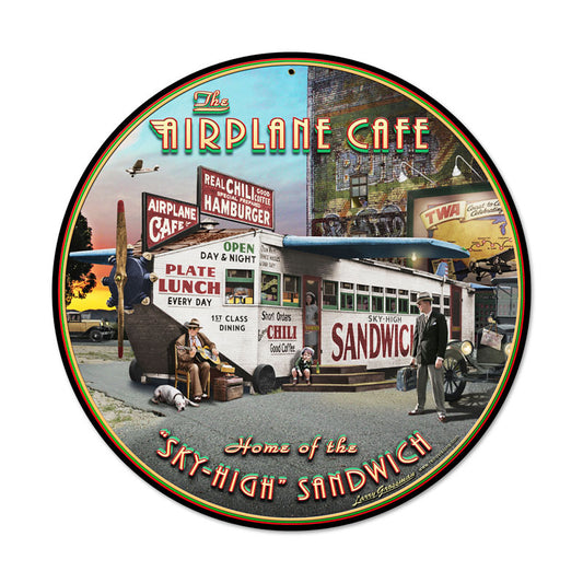 Airplane Cafe, Aviation, Round Metal Sign, 14 X 14 Inches